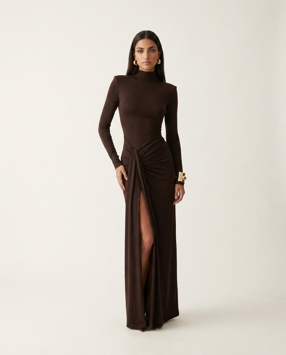 Turtleneck Long Sleeve Tie Waist Maxi Dress Main image