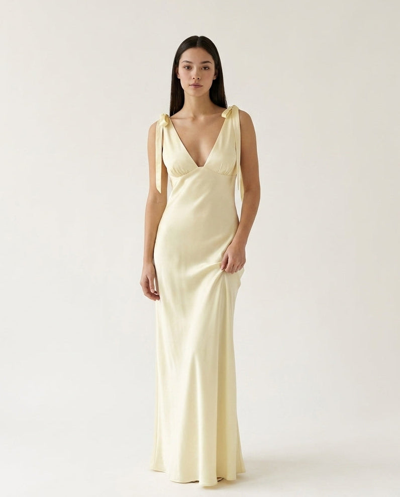 Satin Tie Shoulder Deep V-Neck Dress Main image