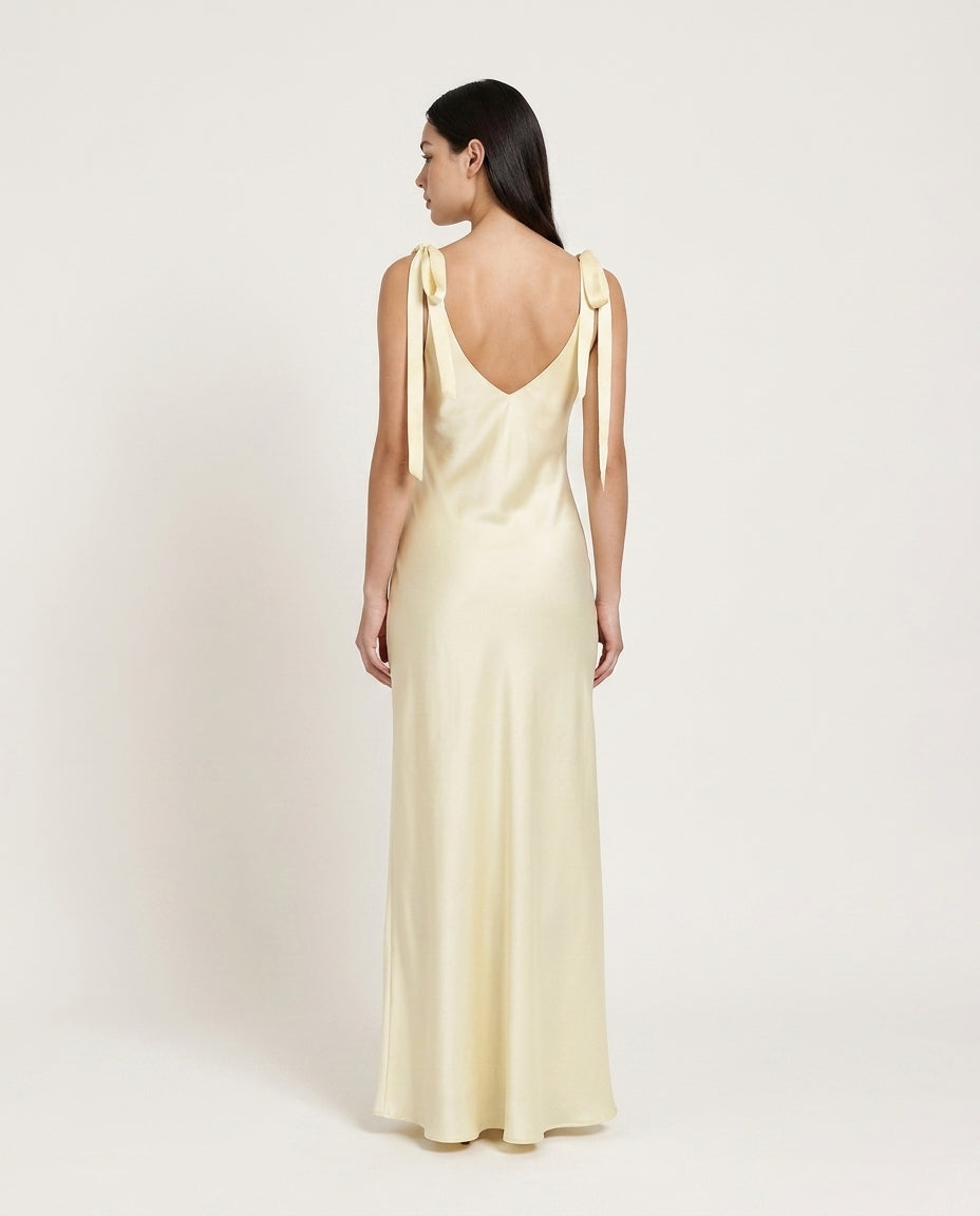 Satin Tie Shoulder Deep V-Neck Dress