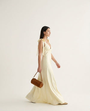 Satin Tie Shoulder Deep V-Neck Dress