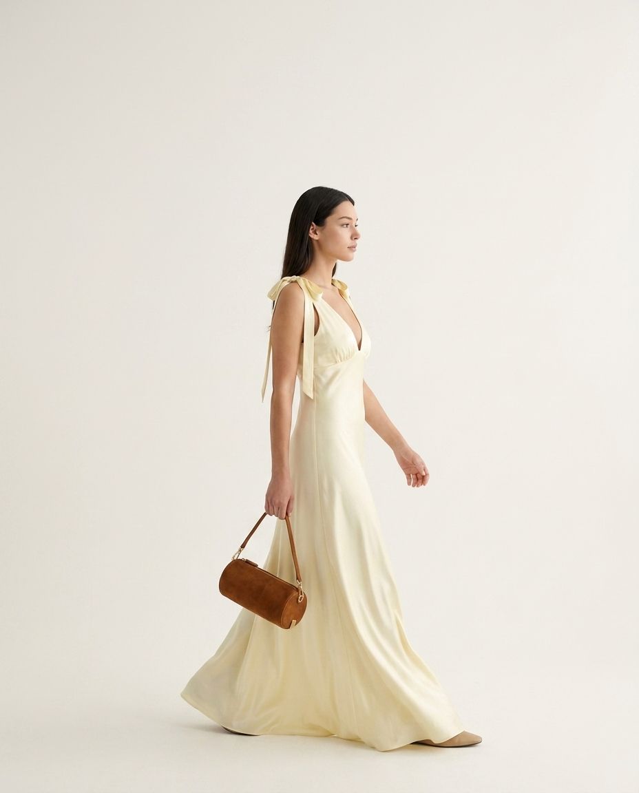 Satin Tie Shoulder Deep V-Neck Dress