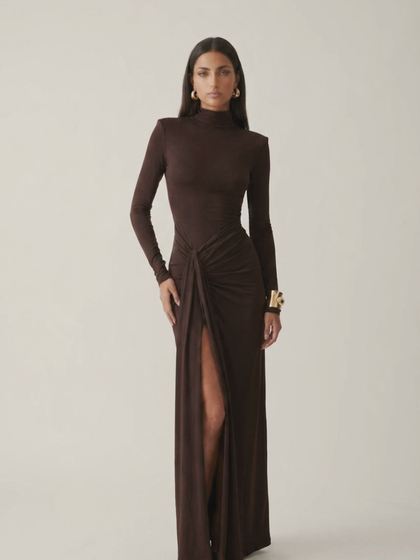 Turtleneck Long Sleeve Tie Waist Maxi Dress
